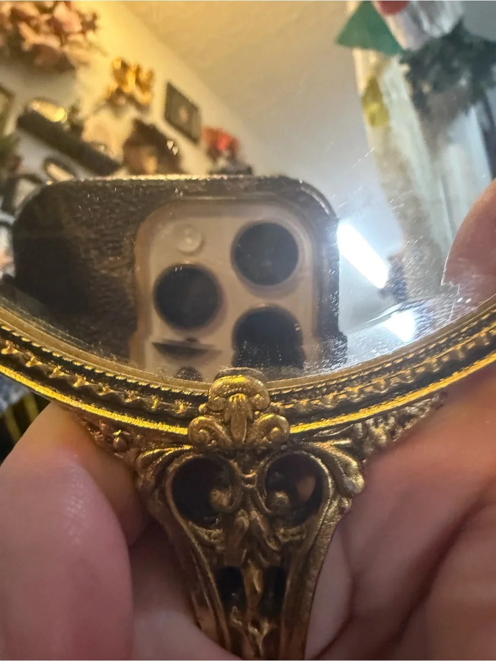 Vintage Hollywood regency ornate Gold Hand Mirror and Brush Set